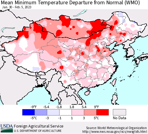 China, Mongolia and Taiwan Mean Minimum Temperature Departure from Normal (WMO) Thematic Map For 1/30/2023 - 2/5/2023