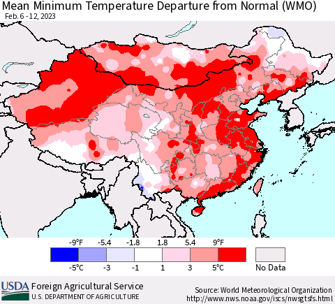 China, Mongolia and Taiwan Mean Minimum Temperature Departure from Normal (WMO) Thematic Map For 2/6/2023 - 2/12/2023