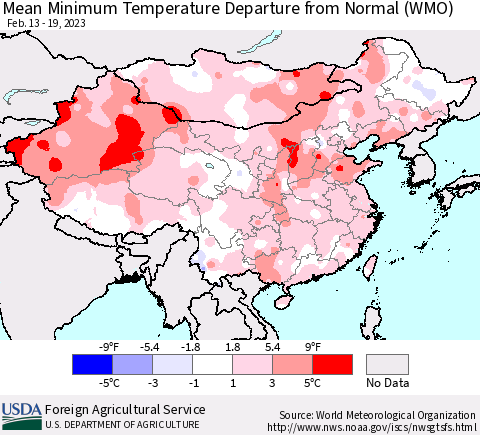 China, Mongolia and Taiwan Mean Minimum Temperature Departure from Normal (WMO) Thematic Map For 2/13/2023 - 2/19/2023