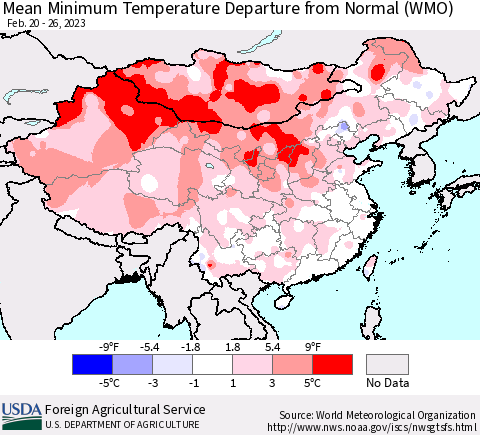 China, Mongolia and Taiwan Mean Minimum Temperature Departure from Normal (WMO) Thematic Map For 2/20/2023 - 2/26/2023