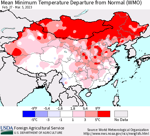 China, Mongolia and Taiwan Mean Minimum Temperature Departure from Normal (WMO) Thematic Map For 2/27/2023 - 3/5/2023