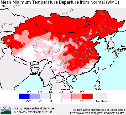 China, Mongolia and Taiwan Mean Minimum Temperature Departure from Normal (WMO) Thematic Map For 3/6/2023 - 3/12/2023