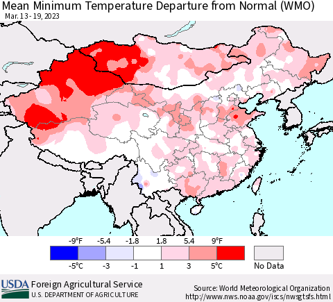 China, Mongolia and Taiwan Mean Minimum Temperature Departure from Normal (WMO) Thematic Map For 3/13/2023 - 3/19/2023