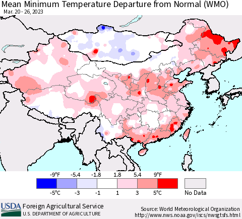 China, Mongolia and Taiwan Mean Minimum Temperature Departure from Normal (WMO) Thematic Map For 3/20/2023 - 3/26/2023