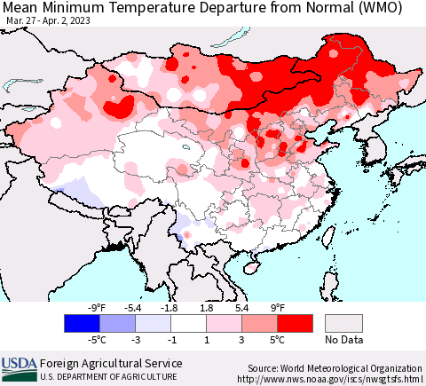 China, Mongolia and Taiwan Mean Minimum Temperature Departure from Normal (WMO) Thematic Map For 3/27/2023 - 4/2/2023