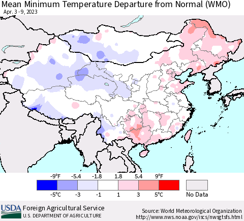 China, Mongolia and Taiwan Mean Minimum Temperature Departure from Normal (WMO) Thematic Map For 4/3/2023 - 4/9/2023