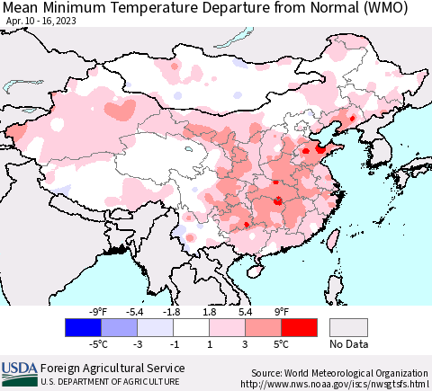 China, Mongolia and Taiwan Mean Minimum Temperature Departure from Normal (WMO) Thematic Map For 4/10/2023 - 4/16/2023