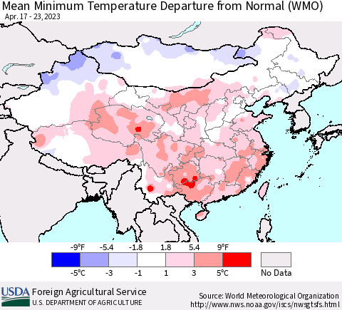 China, Mongolia and Taiwan Mean Minimum Temperature Departure from Normal (WMO) Thematic Map For 4/17/2023 - 4/23/2023