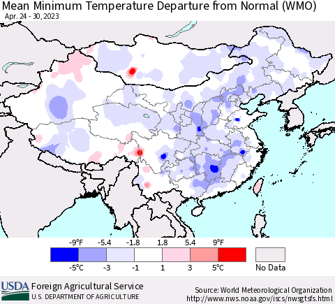 China, Mongolia and Taiwan Mean Minimum Temperature Departure from Normal (WMO) Thematic Map For 4/24/2023 - 4/30/2023