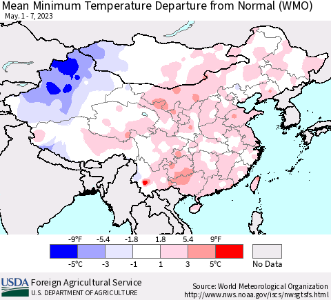 China, Mongolia and Taiwan Mean Minimum Temperature Departure from Normal (WMO) Thematic Map For 5/1/2023 - 5/7/2023