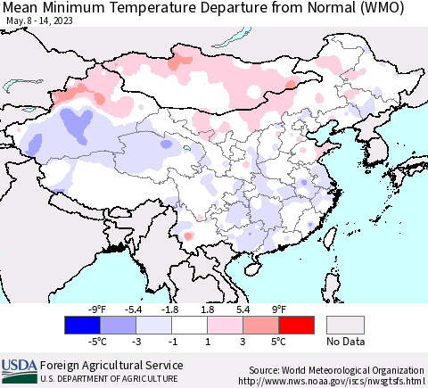 China, Mongolia and Taiwan Mean Minimum Temperature Departure from Normal (WMO) Thematic Map For 5/8/2023 - 5/14/2023