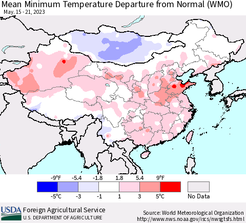 China, Mongolia and Taiwan Mean Minimum Temperature Departure from Normal (WMO) Thematic Map For 5/15/2023 - 5/21/2023