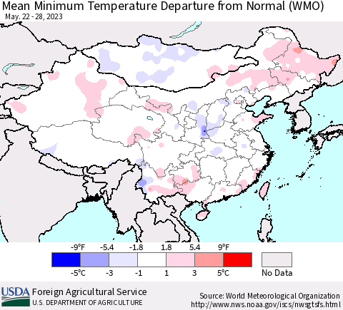 China, Mongolia and Taiwan Mean Minimum Temperature Departure from Normal (WMO) Thematic Map For 5/22/2023 - 5/28/2023