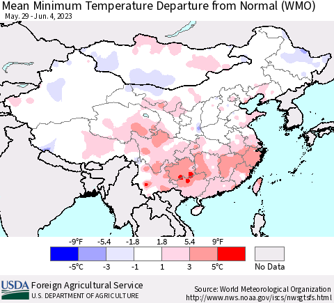 China, Mongolia and Taiwan Mean Minimum Temperature Departure from Normal (WMO) Thematic Map For 5/29/2023 - 6/4/2023