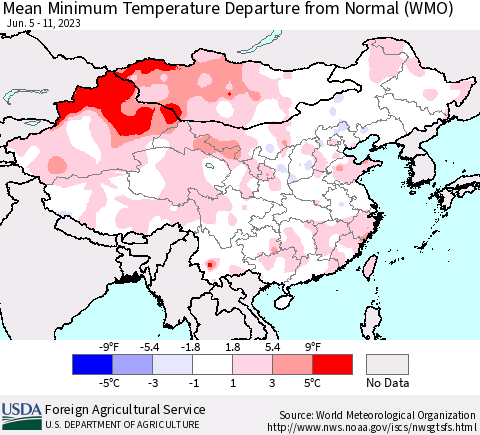 China, Mongolia and Taiwan Mean Minimum Temperature Departure from Normal (WMO) Thematic Map For 6/5/2023 - 6/11/2023
