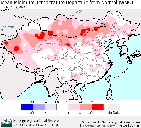 China, Mongolia and Taiwan Mean Minimum Temperature Departure from Normal (WMO) Thematic Map For 6/12/2023 - 6/18/2023