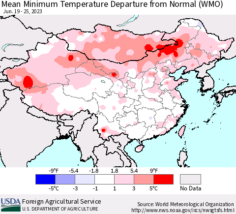 China, Mongolia and Taiwan Mean Minimum Temperature Departure from Normal (WMO) Thematic Map For 6/19/2023 - 6/25/2023