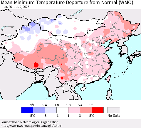 China, Mongolia and Taiwan Mean Minimum Temperature Departure from Normal (WMO) Thematic Map For 6/26/2023 - 7/2/2023