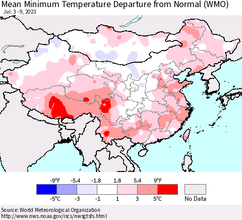 China, Mongolia and Taiwan Mean Minimum Temperature Departure from Normal (WMO) Thematic Map For 7/3/2023 - 7/9/2023