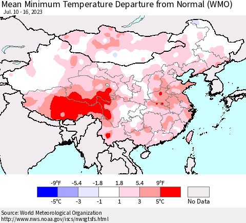 China, Mongolia and Taiwan Mean Minimum Temperature Departure from Normal (WMO) Thematic Map For 7/10/2023 - 7/16/2023