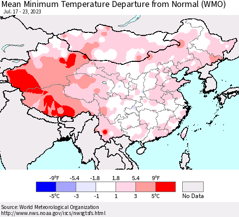 China, Mongolia and Taiwan Mean Minimum Temperature Departure from Normal (WMO) Thematic Map For 7/17/2023 - 7/23/2023