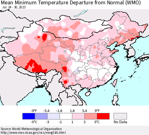 China, Mongolia and Taiwan Mean Minimum Temperature Departure from Normal (WMO) Thematic Map For 7/24/2023 - 7/30/2023