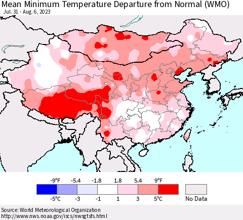 China, Mongolia and Taiwan Mean Minimum Temperature Departure from Normal (WMO) Thematic Map For 7/31/2023 - 8/6/2023