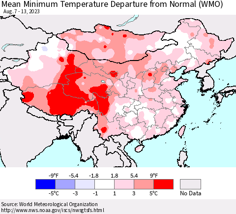China, Mongolia and Taiwan Mean Minimum Temperature Departure from Normal (WMO) Thematic Map For 8/7/2023 - 8/13/2023