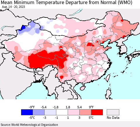 China, Mongolia and Taiwan Mean Minimum Temperature Departure from Normal (WMO) Thematic Map For 8/14/2023 - 8/20/2023