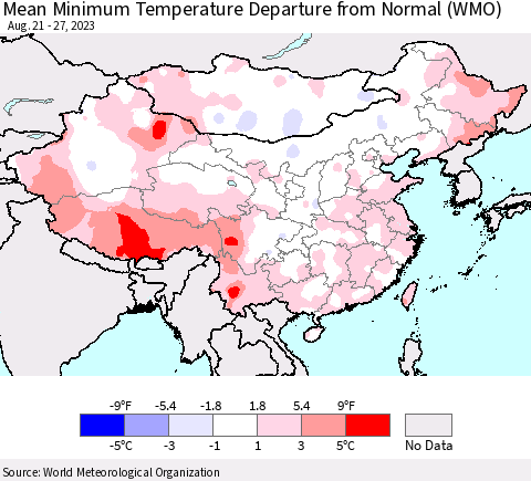 China, Mongolia and Taiwan Mean Minimum Temperature Departure from Normal (WMO) Thematic Map For 8/21/2023 - 8/27/2023