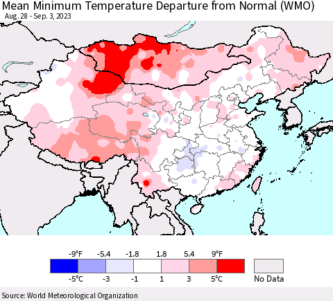 China, Mongolia and Taiwan Mean Minimum Temperature Departure from Normal (WMO) Thematic Map For 8/28/2023 - 9/3/2023