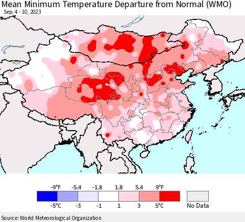 China, Mongolia and Taiwan Mean Minimum Temperature Departure from Normal (WMO) Thematic Map For 9/4/2023 - 9/10/2023