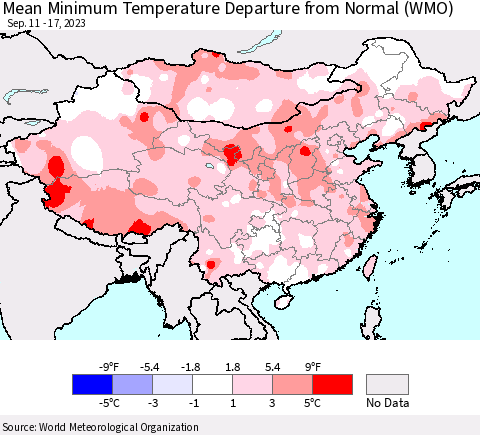 China, Mongolia and Taiwan Mean Minimum Temperature Departure from Normal (WMO) Thematic Map For 9/11/2023 - 9/17/2023