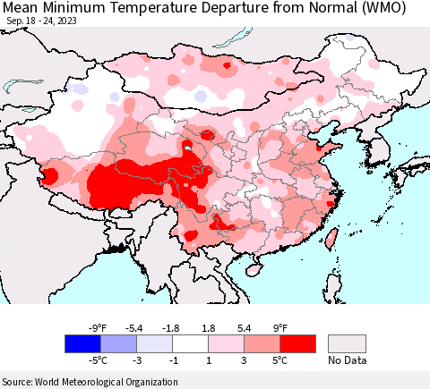 China, Mongolia and Taiwan Mean Minimum Temperature Departure from Normal (WMO) Thematic Map For 9/18/2023 - 9/24/2023