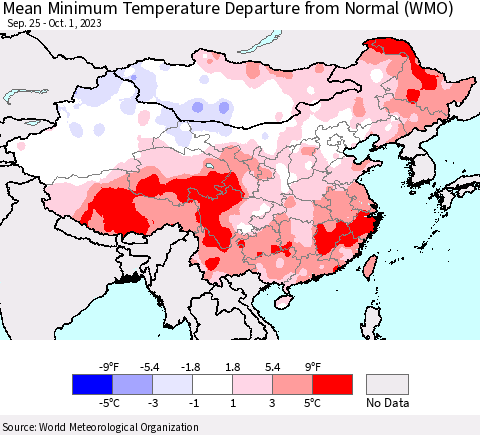 China, Mongolia and Taiwan Mean Minimum Temperature Departure from Normal (WMO) Thematic Map For 9/25/2023 - 10/1/2023