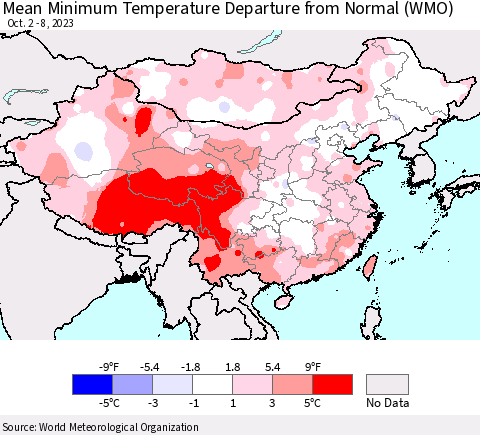 China, Mongolia and Taiwan Mean Minimum Temperature Departure from Normal (WMO) Thematic Map For 10/2/2023 - 10/8/2023