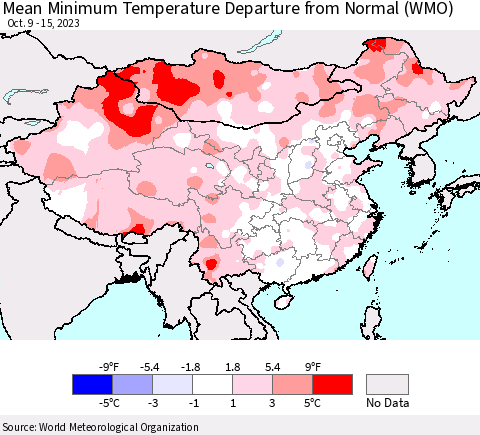 China, Mongolia and Taiwan Mean Minimum Temperature Departure from Normal (WMO) Thematic Map For 10/9/2023 - 10/15/2023