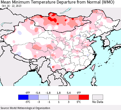 China, Mongolia and Taiwan Mean Minimum Temperature Departure from Normal (WMO) Thematic Map For 10/16/2023 - 10/22/2023