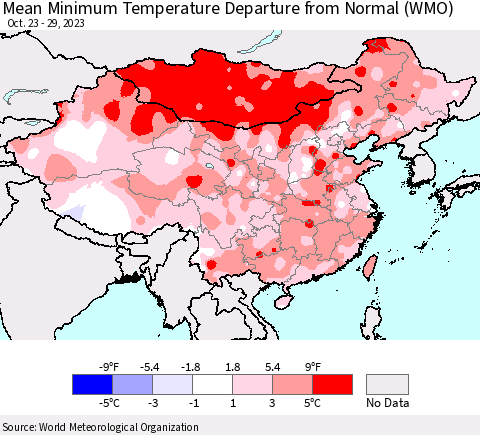 China, Mongolia and Taiwan Mean Minimum Temperature Departure from Normal (WMO) Thematic Map For 10/23/2023 - 10/29/2023