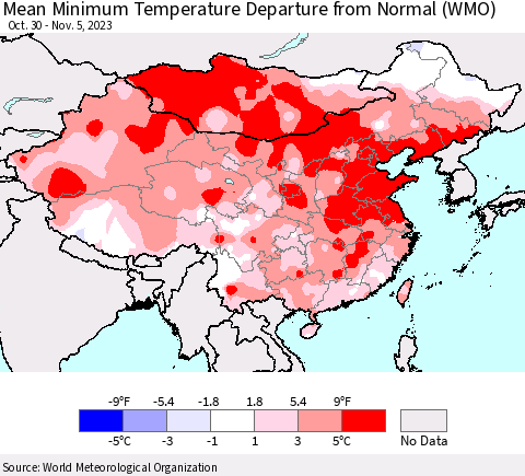 China, Mongolia and Taiwan Mean Minimum Temperature Departure from Normal (WMO) Thematic Map For 10/30/2023 - 11/5/2023