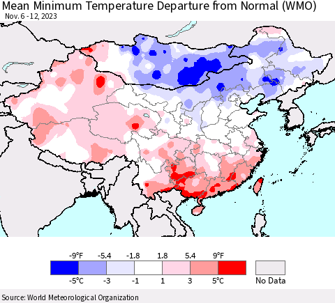 China, Mongolia and Taiwan Mean Minimum Temperature Departure from Normal (WMO) Thematic Map For 11/6/2023 - 11/12/2023