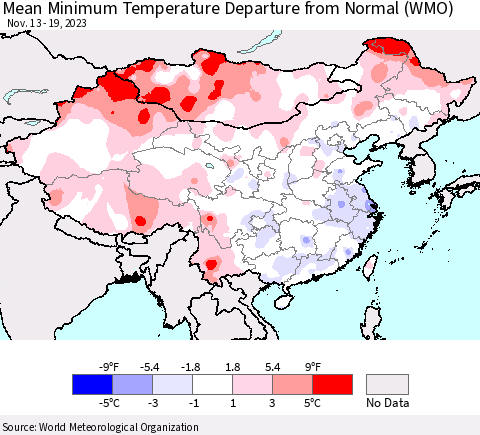 China, Mongolia and Taiwan Mean Minimum Temperature Departure from Normal (WMO) Thematic Map For 11/13/2023 - 11/19/2023