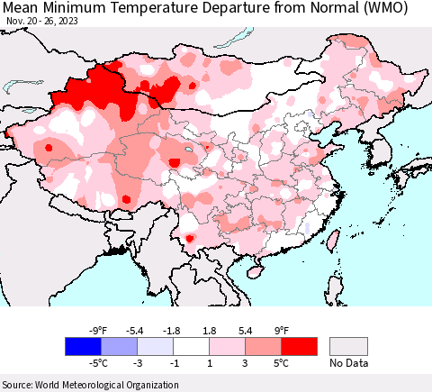 China, Mongolia and Taiwan Mean Minimum Temperature Departure from Normal (WMO) Thematic Map For 11/20/2023 - 11/26/2023