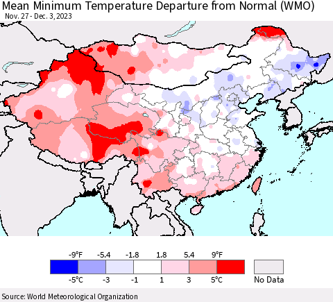China, Mongolia and Taiwan Mean Minimum Temperature Departure from Normal (WMO) Thematic Map For 11/27/2023 - 12/3/2023