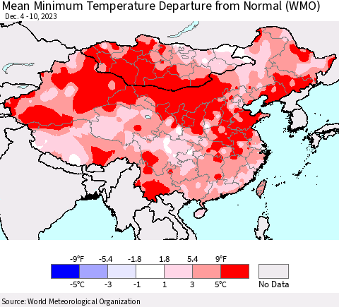 China, Mongolia and Taiwan Mean Minimum Temperature Departure from Normal (WMO) Thematic Map For 12/4/2023 - 12/10/2023