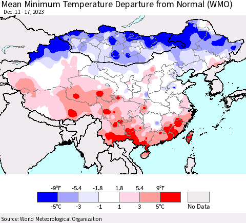 China, Mongolia and Taiwan Mean Minimum Temperature Departure from Normal (WMO) Thematic Map For 12/11/2023 - 12/17/2023