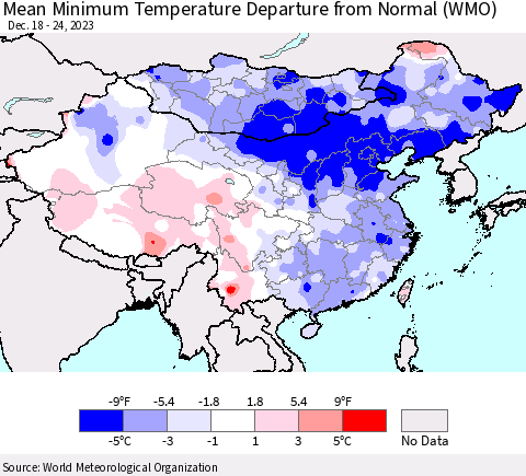 China, Mongolia and Taiwan Mean Minimum Temperature Departure from Normal (WMO) Thematic Map For 12/18/2023 - 12/24/2023
