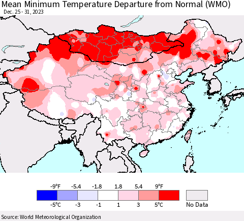 China, Mongolia and Taiwan Mean Minimum Temperature Departure from Normal (WMO) Thematic Map For 12/25/2023 - 12/31/2023