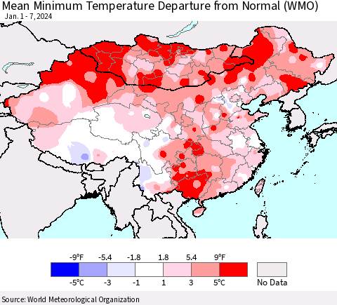 China, Mongolia and Taiwan Mean Minimum Temperature Departure from Normal (WMO) Thematic Map For 1/1/2024 - 1/7/2024