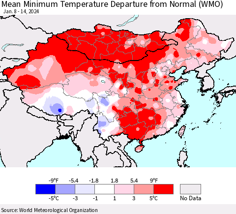 China, Mongolia and Taiwan Mean Minimum Temperature Departure from Normal (WMO) Thematic Map For 1/8/2024 - 1/14/2024